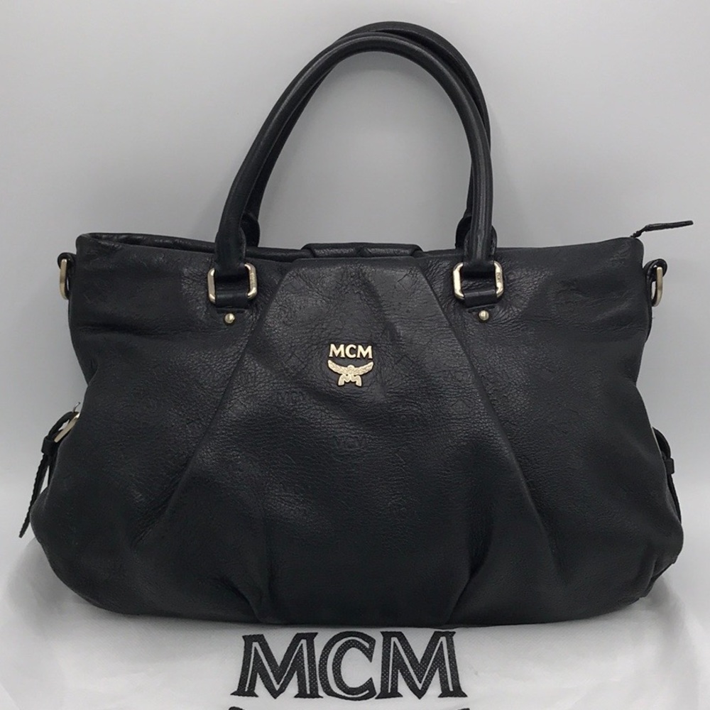 MCM Black Leather Shoulder Bag with Gold Accents